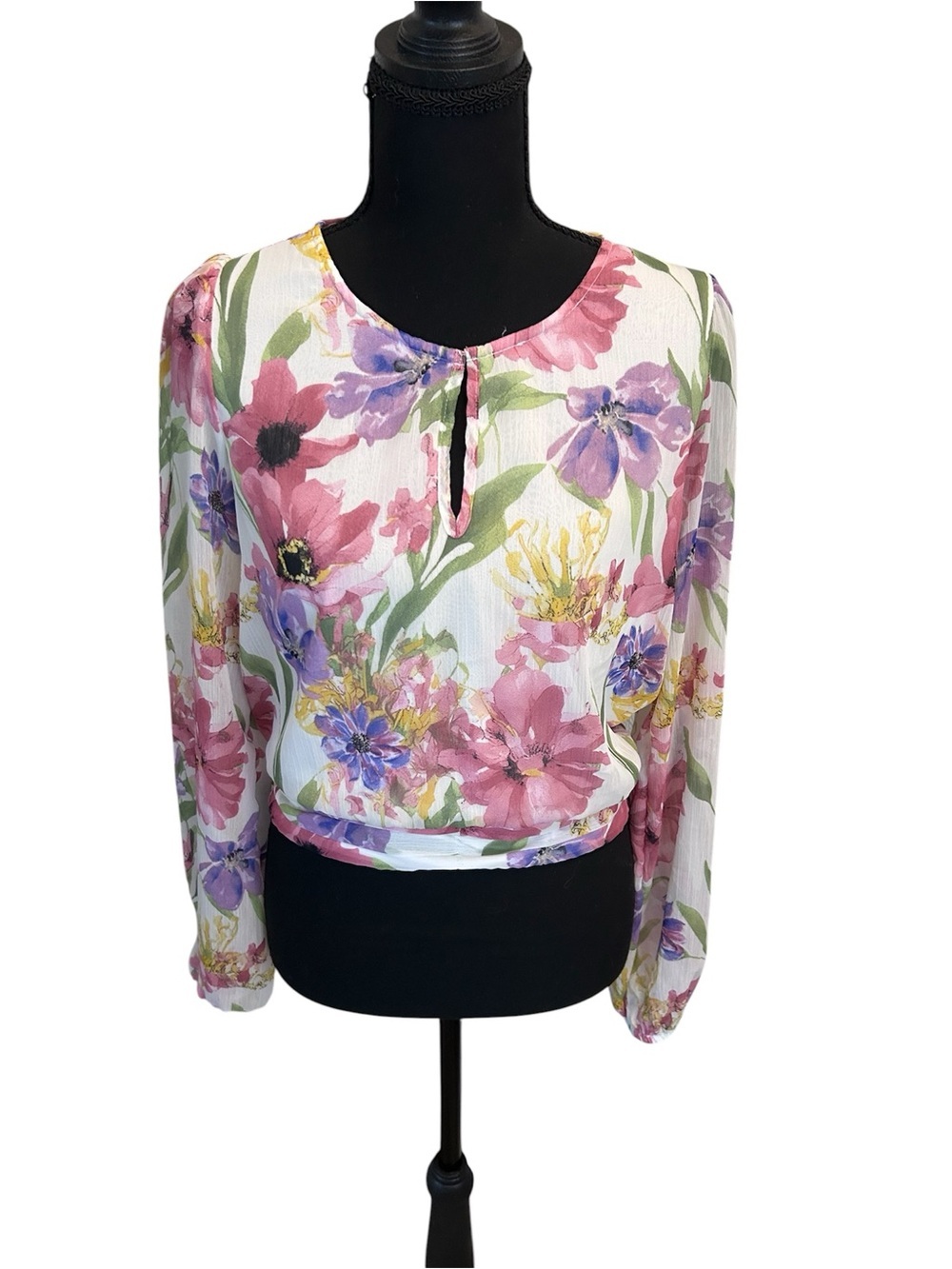 Joie Floral Long-Sleeve Keyhole Blouse - Pink, Purple & Green on White Size S